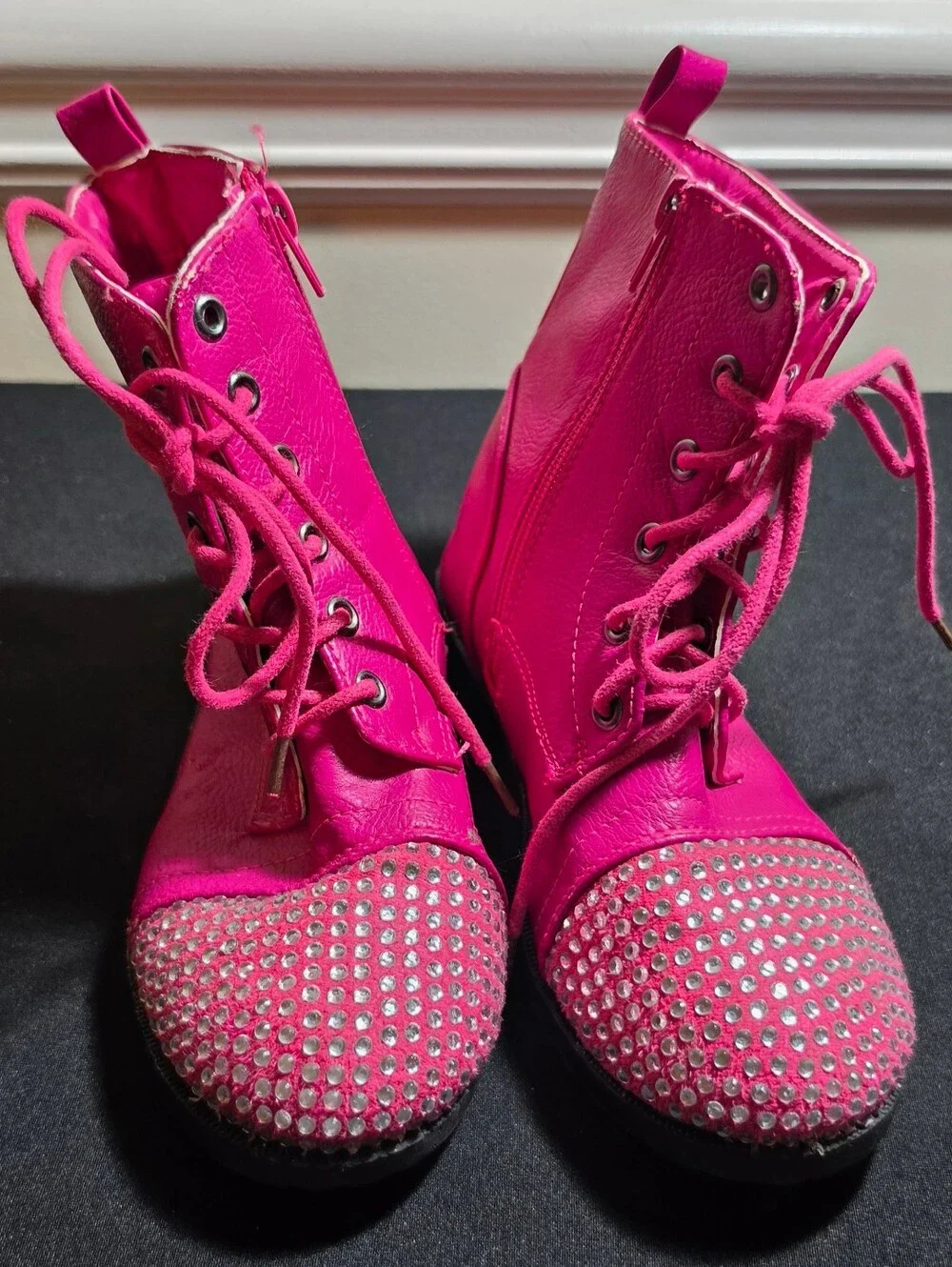 Girls' Hot Pink Rhinestone Combat Boots